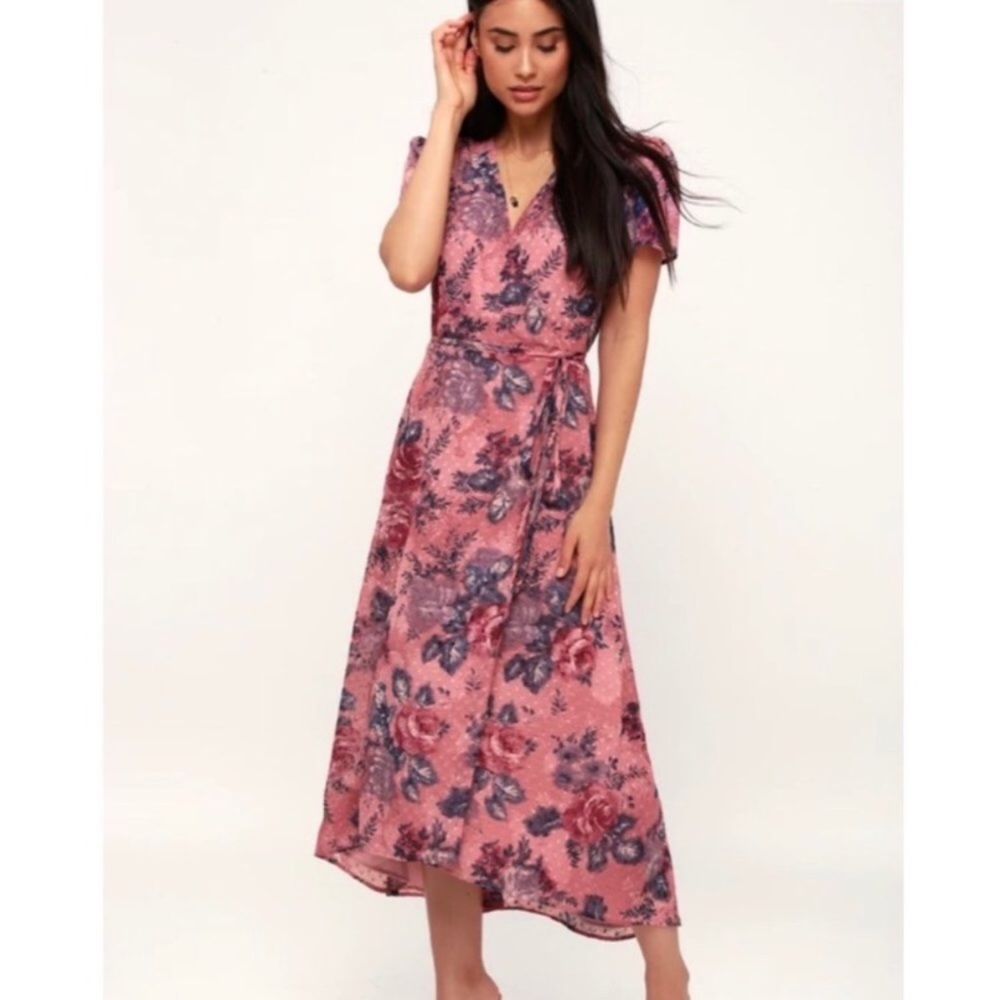 Wayf Nordstrom floral pink purple wrap dot dress